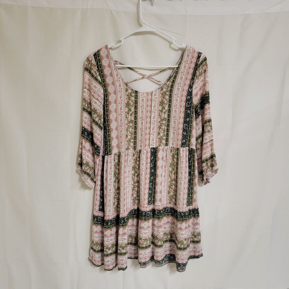 Boho Mixed Print Floral Crisscross Back Flowy Mini Dress/Tunic - Pink & Green L